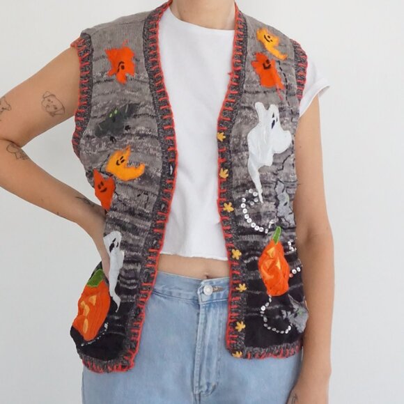 Sweaters - Vintage Tiara Gray Halloween Ghost Pumpkin Sequin Spooky Knit Sweater Vest L